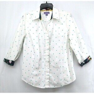 Laura Scott Shirt Womens Large White Teal Polka Dot 3/4 Sleeve Button Up Top